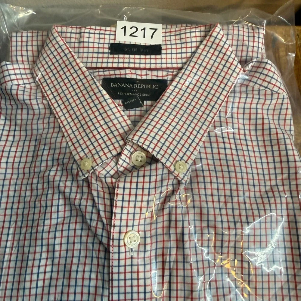 Banana Republic Tech Stretch Shirt Mens L Slim Fit‎ Red Blue Plaid Button Down